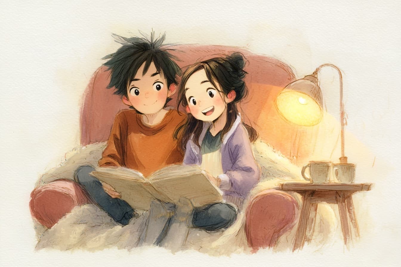 Ace und Amy lesen gemeinsam ein Bilderbuch im Sessel bei warmer Lampe