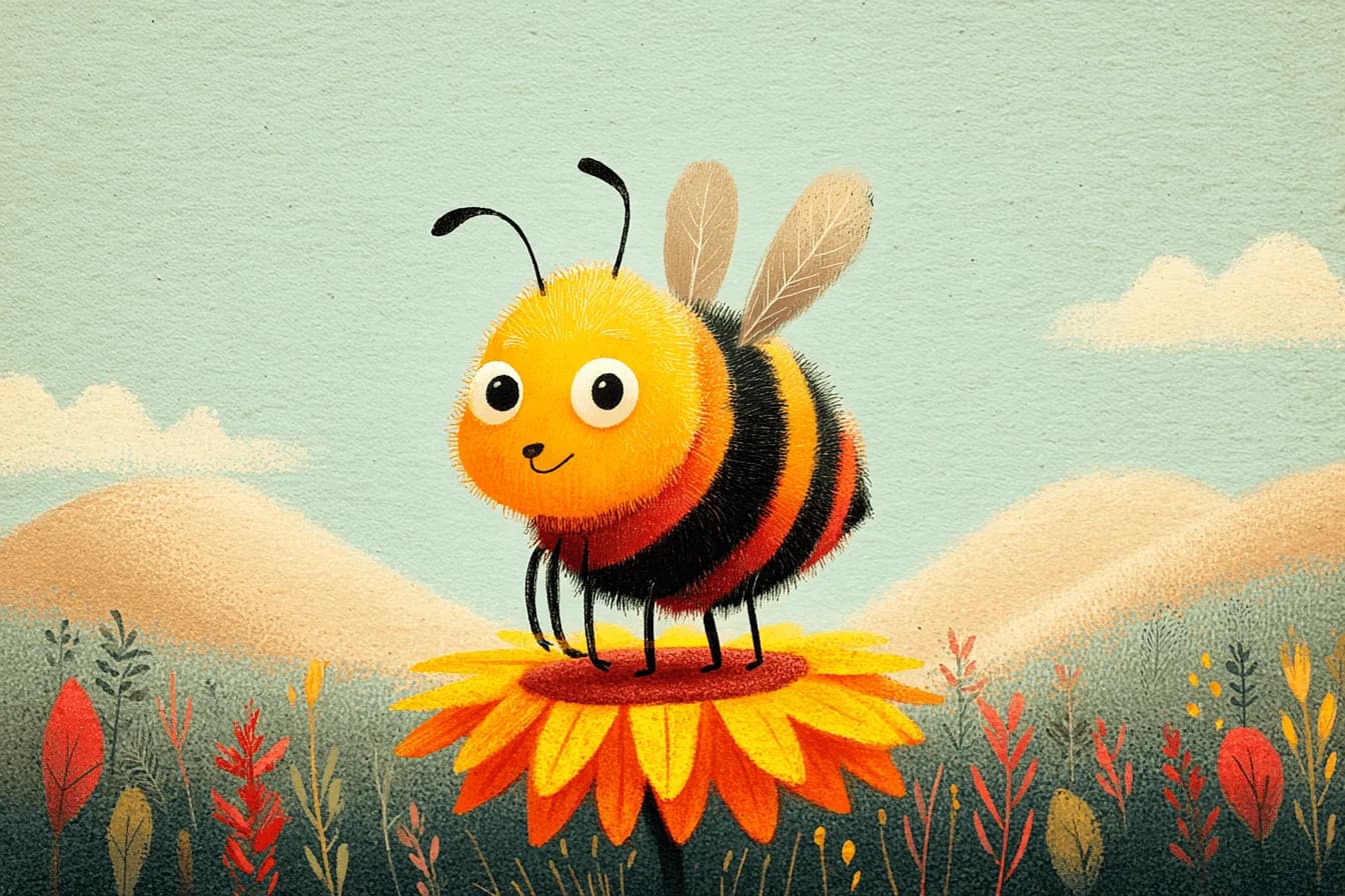 Maja, eine kleine pummelige Biene mit Kulleraugen, sitzt auf einer Sonnenblume in einer Sommerwiese