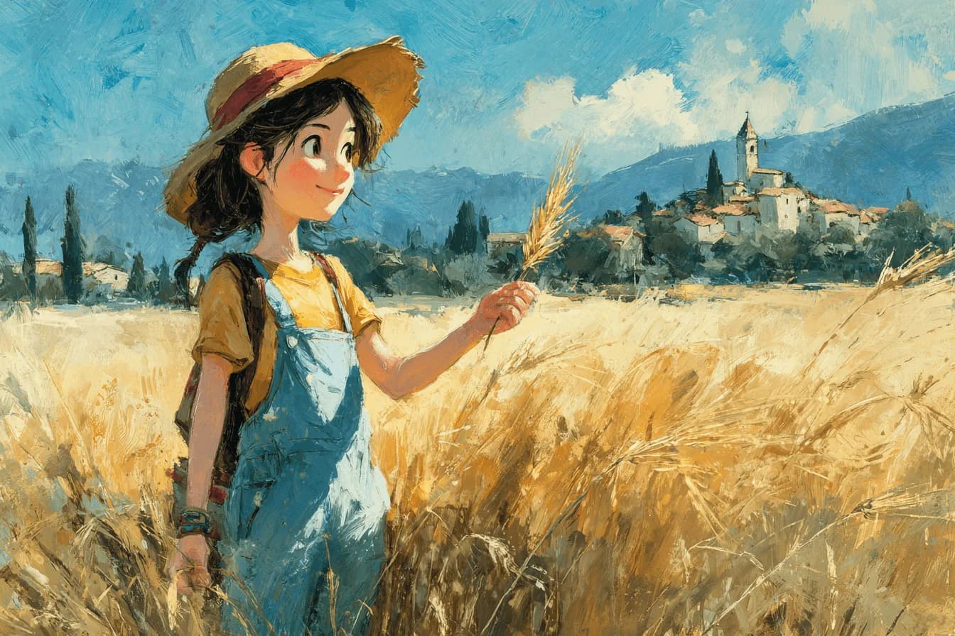 Hanna mit Strohhut und blauer Latzhose hält eine Weizenähre in der Hand, im Hintergrund ein goldenes Kornfeld und ein Schweizer Dorf mit Kirchturm