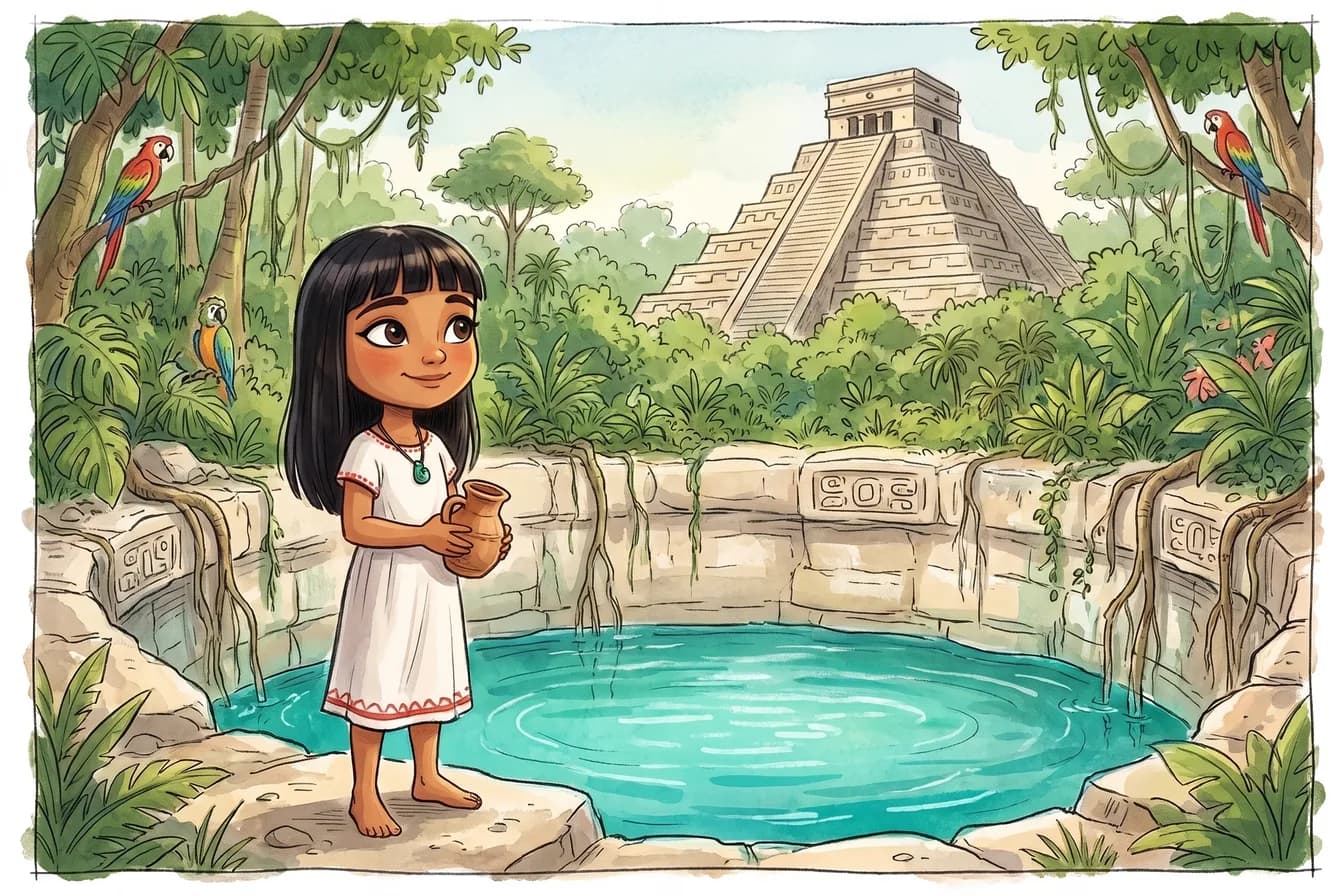 Itzel, ein Maya-Mädchen mit schwarzem Pony und weissem Huipil mit roter Stickerei, kleine Jade-Perle am Hals, vor einer Stufenpyramide im grünen Yucatan-Tiefland