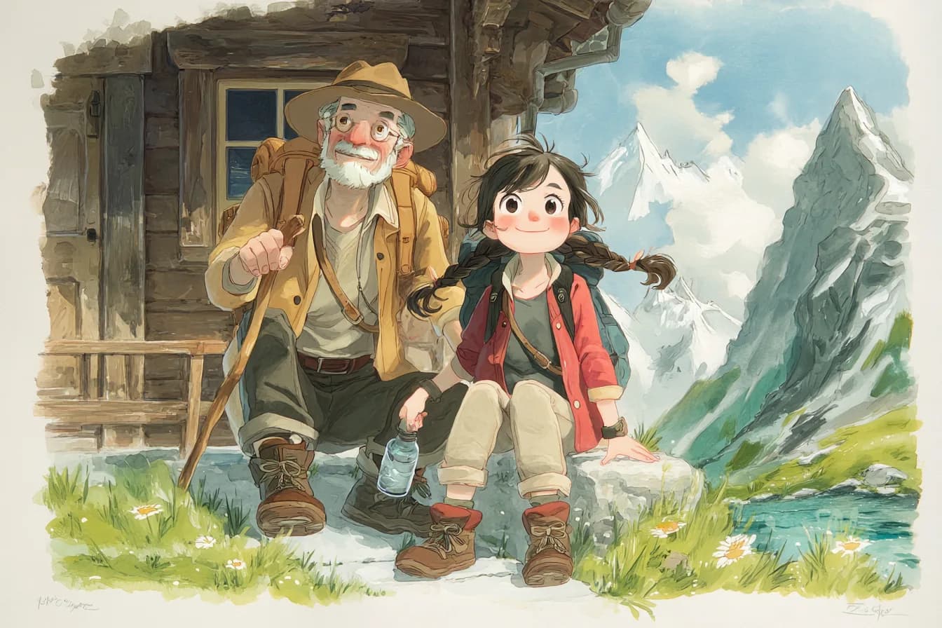 Lia und Grossvater Hans vor der Huette, bereit zum Aufbruch in die Berge