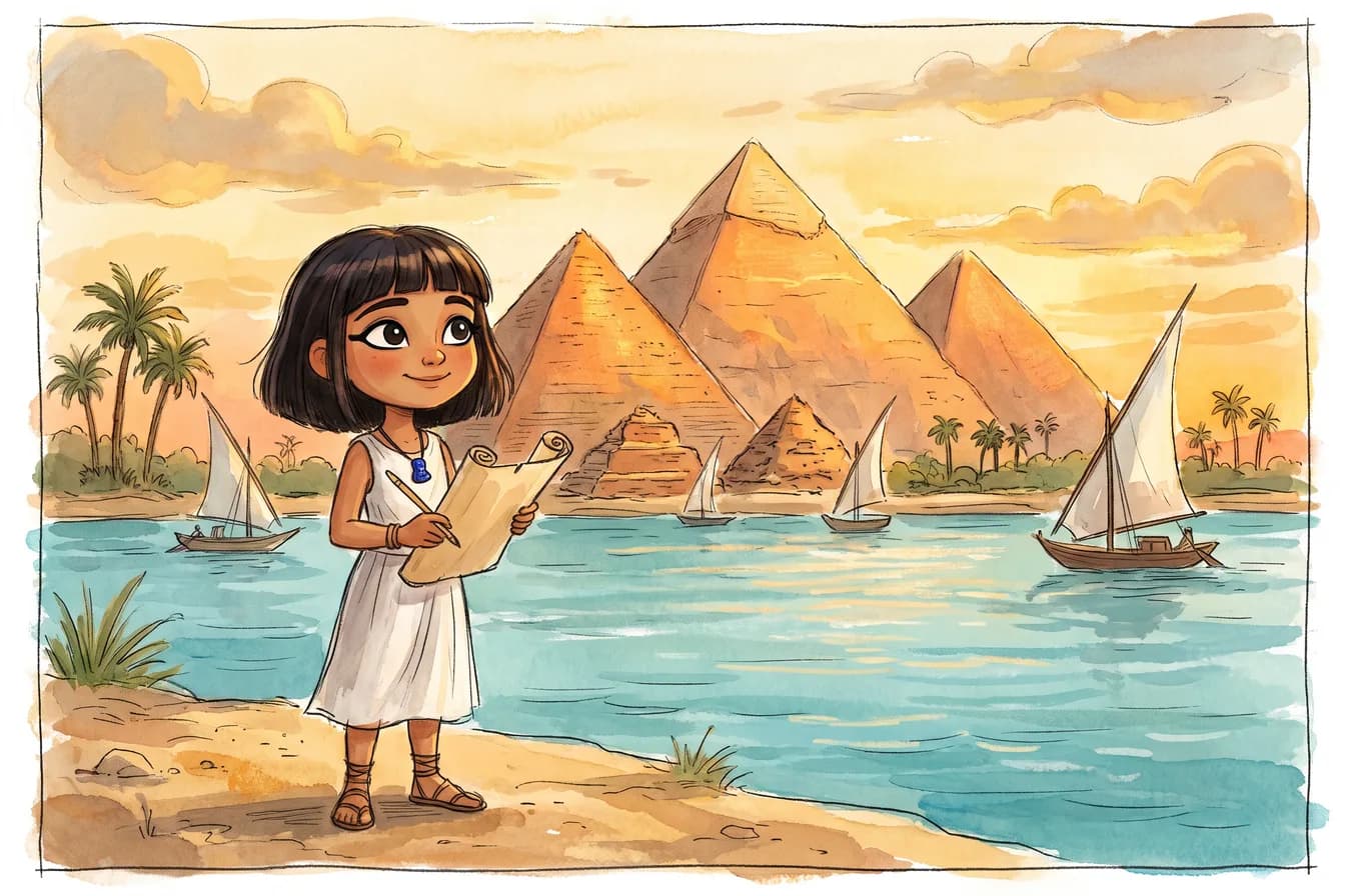 Nefer, ein ägyptisches Mädchen mit dunklem Bob und Lapislazuli-Amulett, steht mit Papyrus am Nil-Ufer, dahinter Pyramiden im Sonnenuntergang