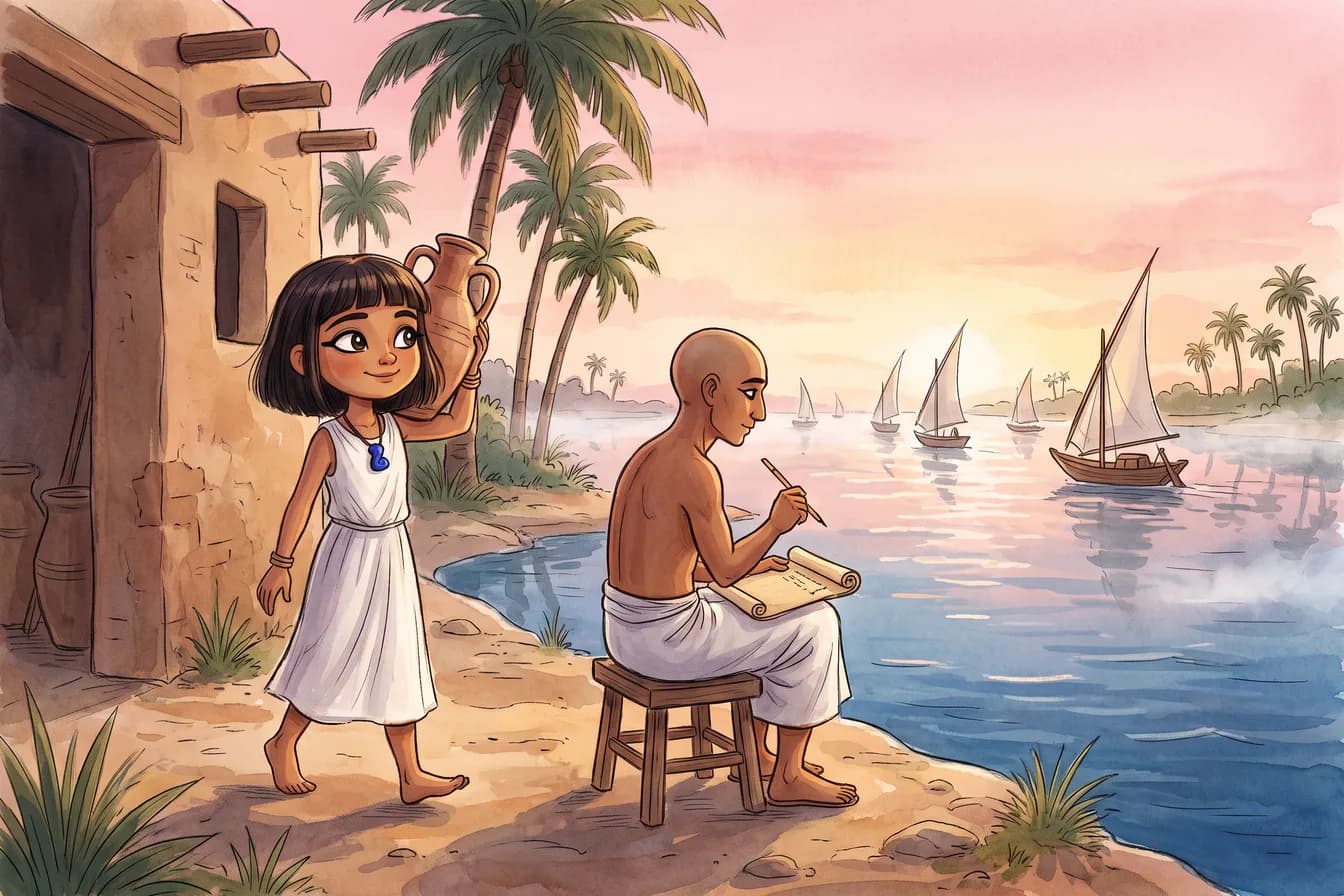 Nefer trägt im rosa Morgenlicht einen Wasserkrug am Nil entlang, ihr Vater sitzt mit Papyrus am Ufer und zählt Boote
