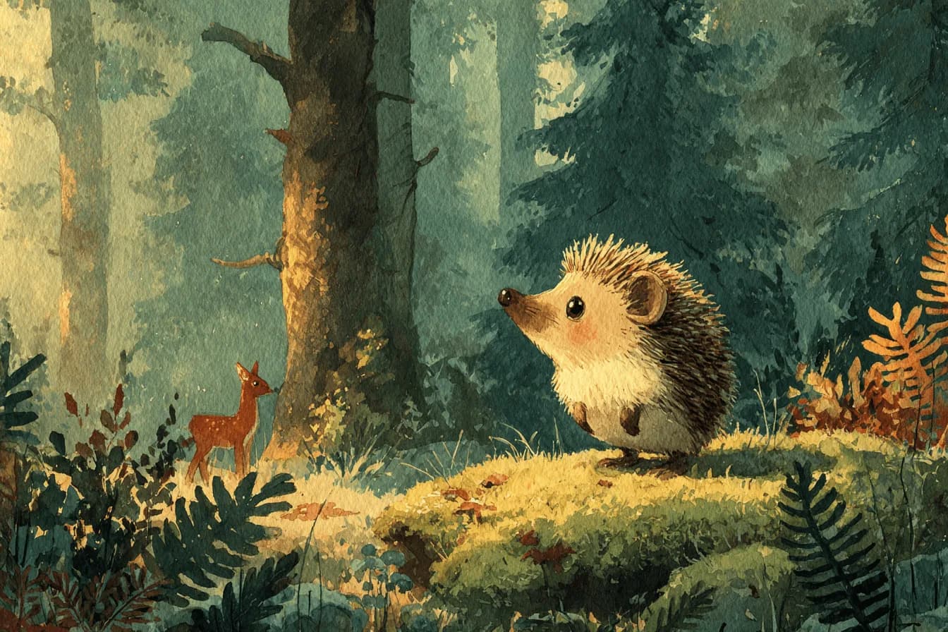 Pino, ein junger Igel, steht auf einem Moosfleck im sonnenbeschienenen Schweizer Mischwald, im Hintergrund ein Reh
