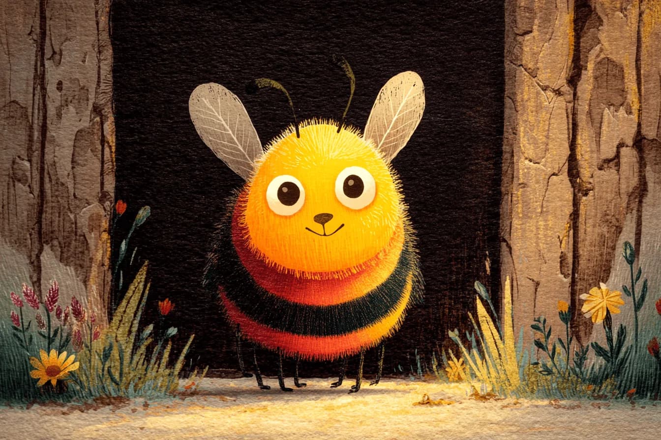 Maja am Eingang des Bienenstocks, geblendet vom ersten Sonnenstrahl