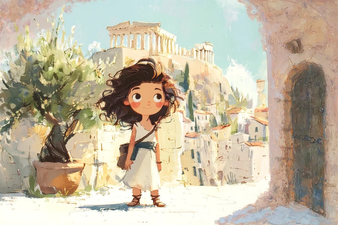 Helena am Morgen beim Olivenbaum, die Akropolis über den Dächern