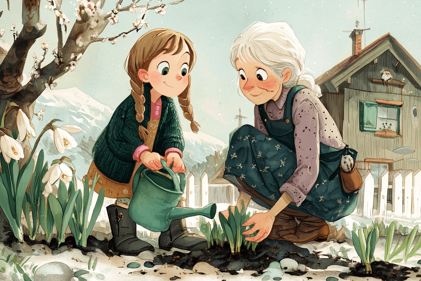 Klara hockt mit Oma vor einem Schneeglöckchen, das aus dem Schnee schaut