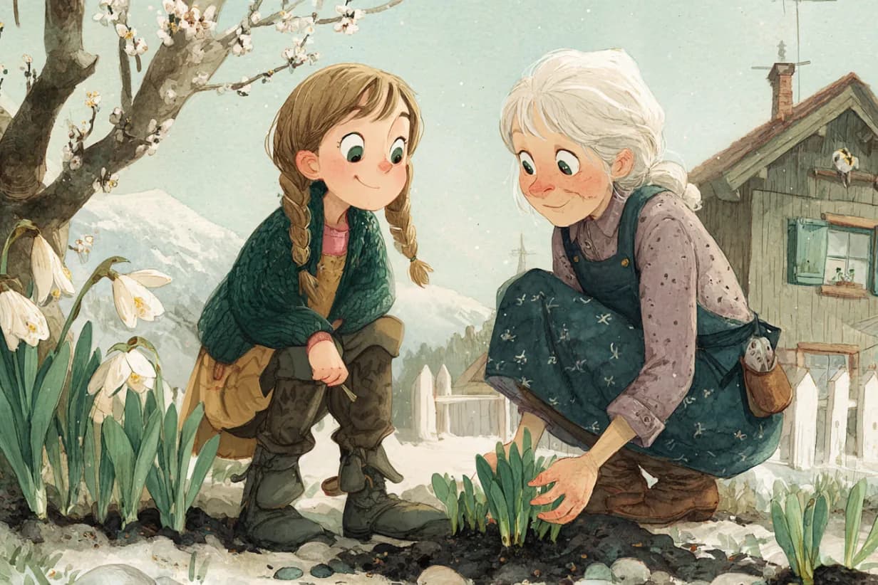 Klara hockt mit Oma vor einem Schneeglöckchen, das aus dem Schnee schaut
