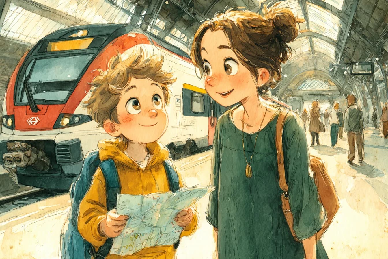 Noah mit Karte und Mama in der Bahnhofshalle vor dem SBB-Zug
