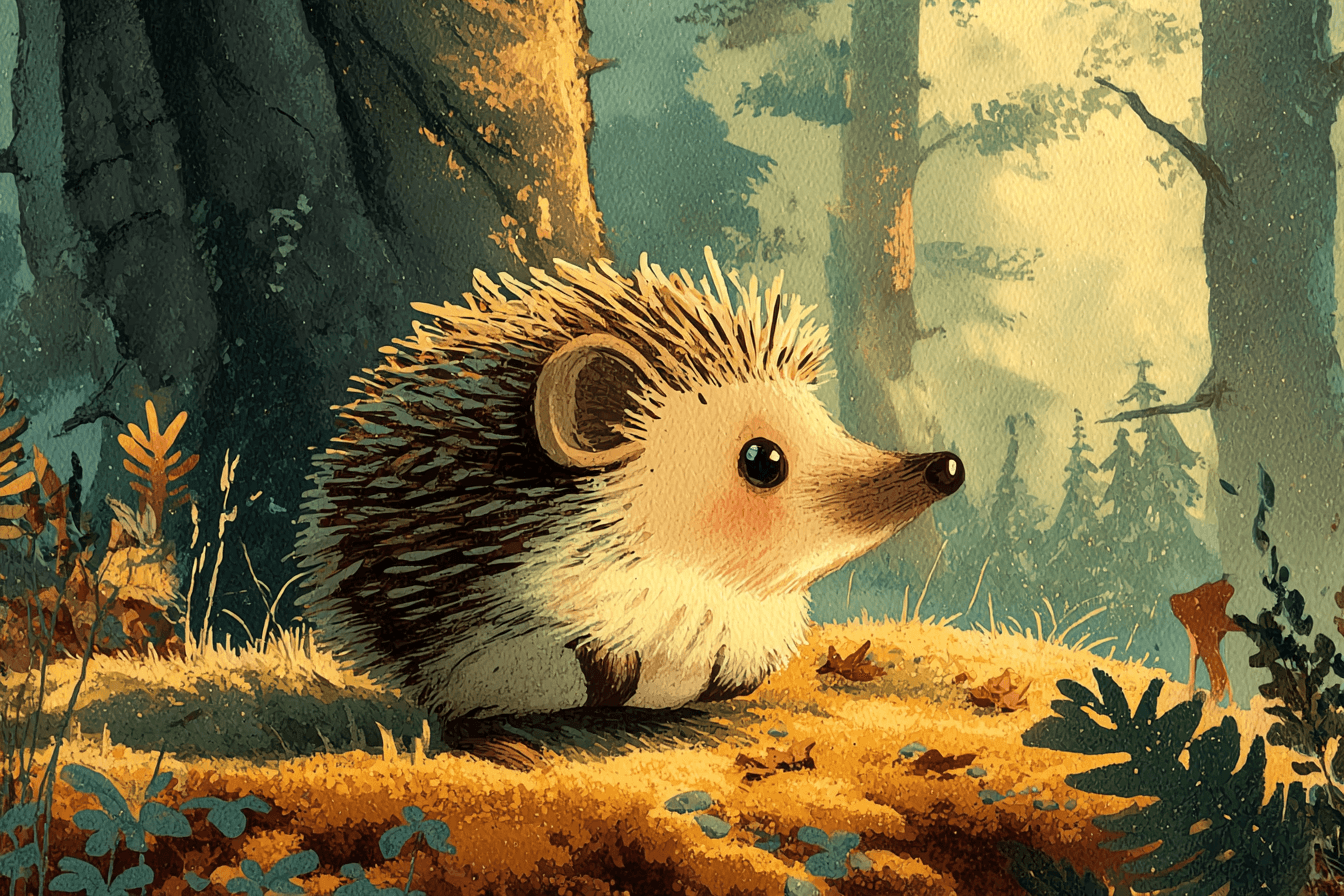 Pino, ein junger Igel, sitzt auf einem Laubhaufen im Frühlingswald
