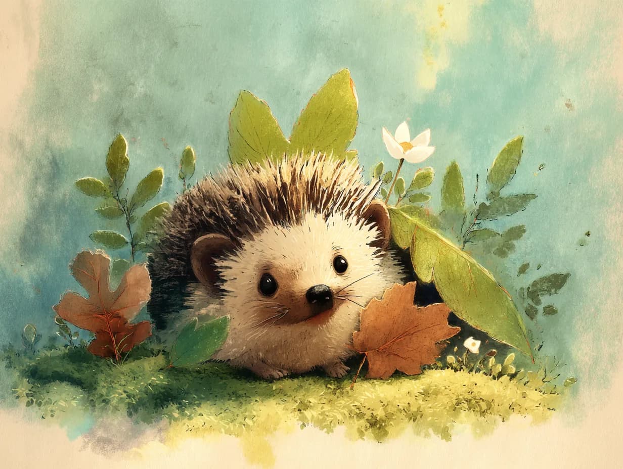 Pino, ein junger Igel, sitzt auf einem Laubhaufen im Frühlingswald