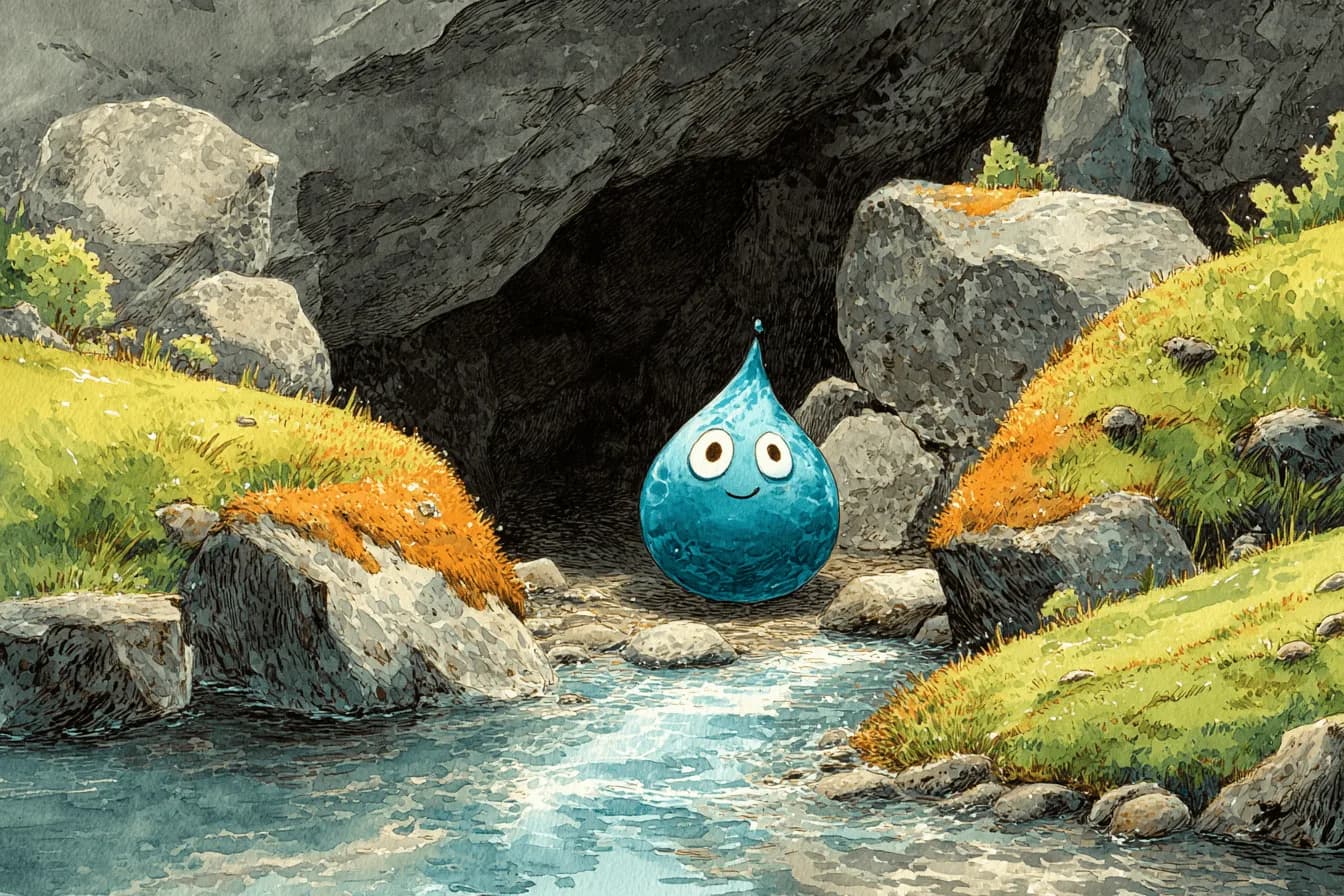 Tara, ein Wassertropfen mit Kulleraugen, taucht aus einer Bergquelle auf